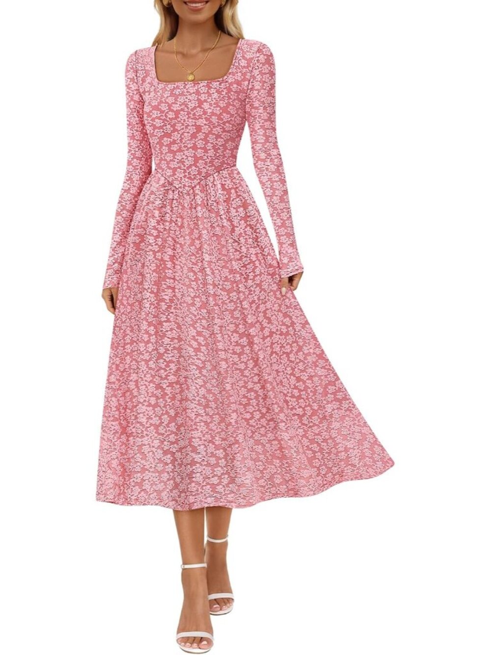 Elegant Women's Floral Fall Midi Dress with Pockets & Square Neck